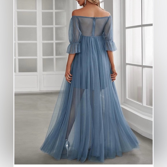 NEW Ever Pretty Blue Off the Shoulder Gown with Bishop Sleeves - Picture 1 of 11